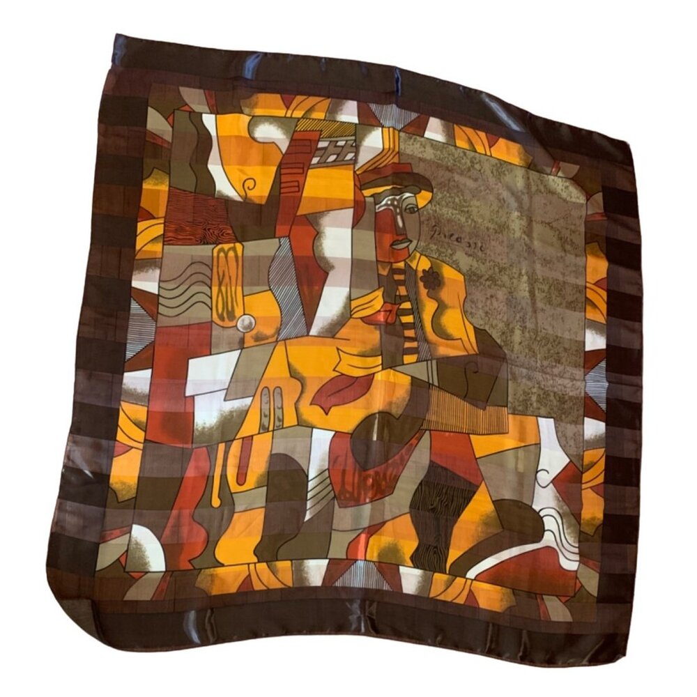 Large Abstract Picasso-Inspired Silk Scarf With Bold Colors & Geometric Patterns